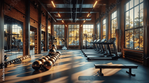 Modern gym interior with equipment and mirrors, morning light, large fitness center with bench press, dumbbells, exercise balls, industrial style, panoramic windows, Canon EOS R5 photo