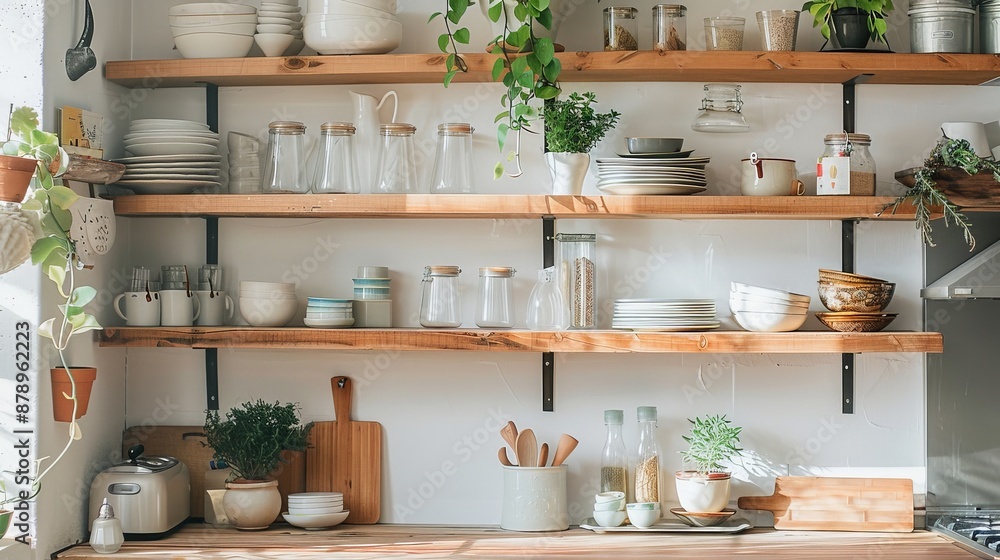 A kitchen with open shelving displaying beautiful dishware, cookbooks, and plants, adding both functionality and style to the space. A kitchen with open shelving displaying beautiful dishware, cookbooks, and plants, adding both functionality and style to the space.