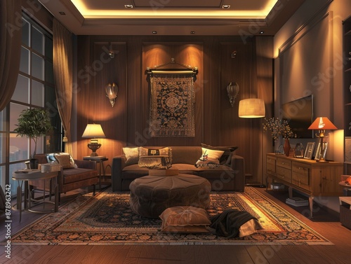 Cozy vintage living room with stylish lamps and soft lighting