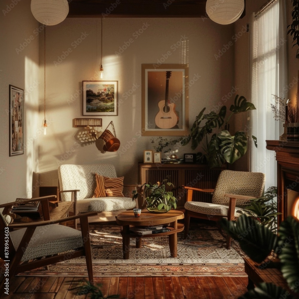 Fototapeta premium Vintage living room with cozy vibes and warm lighting