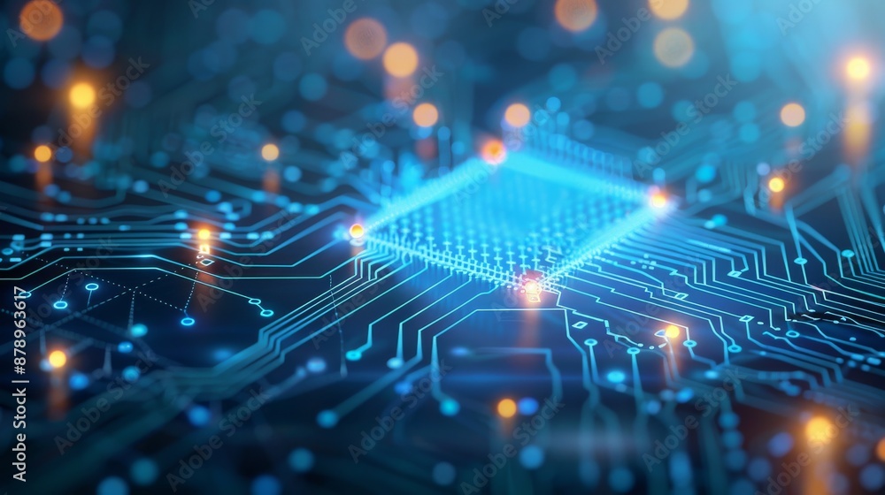 Obraz premium Close-up of a futuristic microchip with glowing circuits, showcasing advanced technology and innovation in the field of electronics.