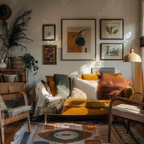 Vintage living room with cozy vibes, framed artwork, and a warm atmosphere photo