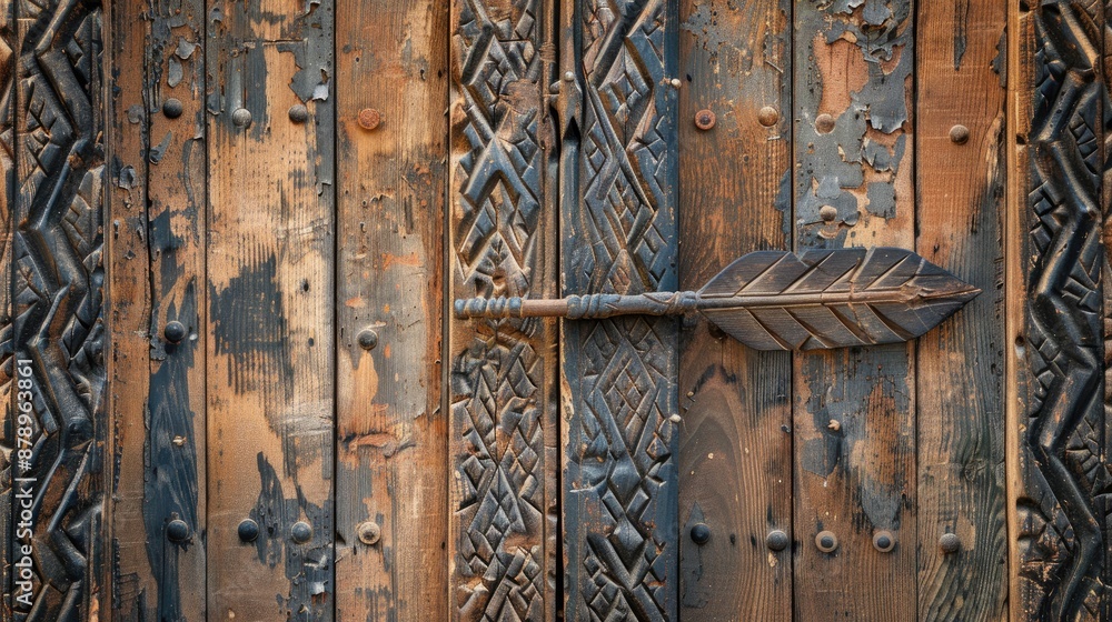 Carved arrowhead design on rustic wooden door Carved arrowhead design on rustic wooden door