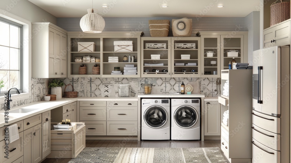 A laundry room with modern appliances, plenty of storage, and a folding station, making chores easier at home. A laundry room with modern appliances, plenty of storage, and a folding station, making chores easier at home.