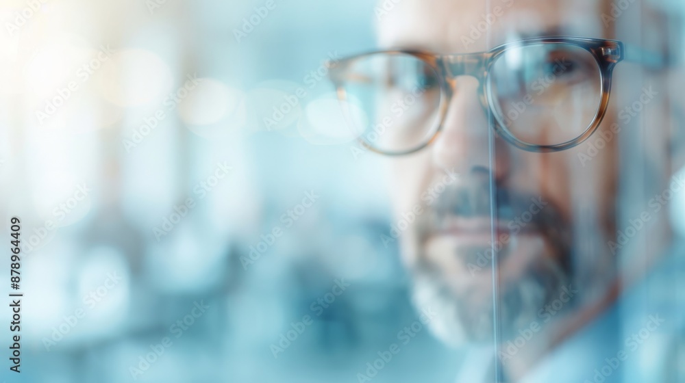 Close-up of a thoughtful businessman wearing glasses, looking through a window in a modern office setting, reflecting on ideas. Close-up of a thoughtful businessman wearing glasses, looking through a window in a modern office setting, reflecting on ideas.