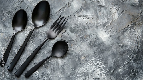 Cutlery set on concrete surface with copy space photo