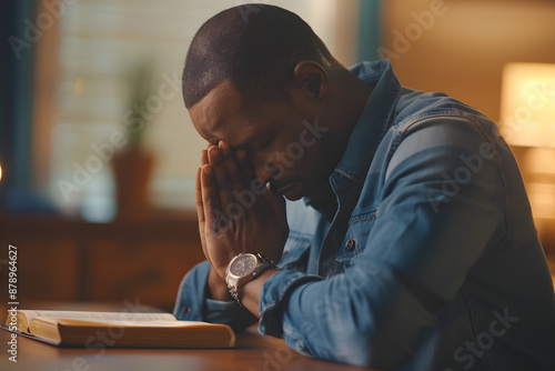 Stressed man deep in thought at a table with papers photo