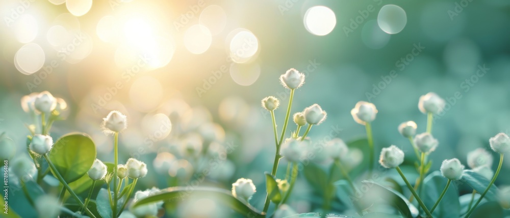 Close-up of delicate white flowers in a lush green field, bathed in soft sunlight creating a tranquil and serene natural scene. Close-up of delicate white flowers in a lush green field, bathed in soft sunlight creating a tranquil and serene natural scene.