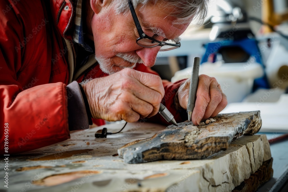 Fototapeta premium Elderly Man Examining a Fossil