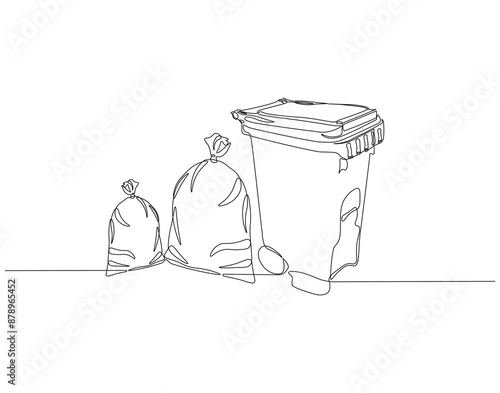 Continuous one line drawing of dust bin and plastic trash bag. One line drawing illustration of garbage container and trash bag. Waste disposal, World cleanup day concept one line. Editable outline.