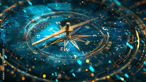 Technological compass on a holographic blue background with golden needle, guiding business in AI.