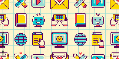 Fun seamless background with retro computer icons. Old technology endless wallpaper. Pixel art style desktop icons of chatbot, pc, internet. Nostalgia UI