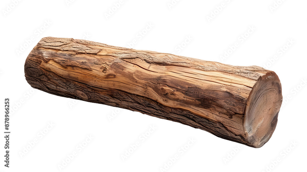 Fototapeta premium Single Wooden Log with Natural Bark and Texture on White Background
