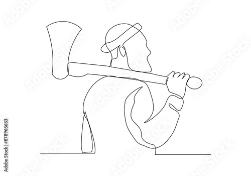 Continuous single one line sketch drawing of lumberjack holding axe to logging wood tree vector illustration