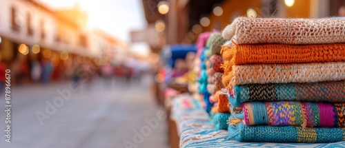 Colorful handmade textiles neatly stacked on a table in a vibrant outdoor market, showcasing traditional craftsmanship and intricate patterns. photo
