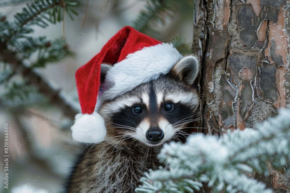 A mischievous raccoon wearing a Santa hat, peeking out from behind a tree A mischievous raccoon wearing a Santa hat, peeking out from behind a tree