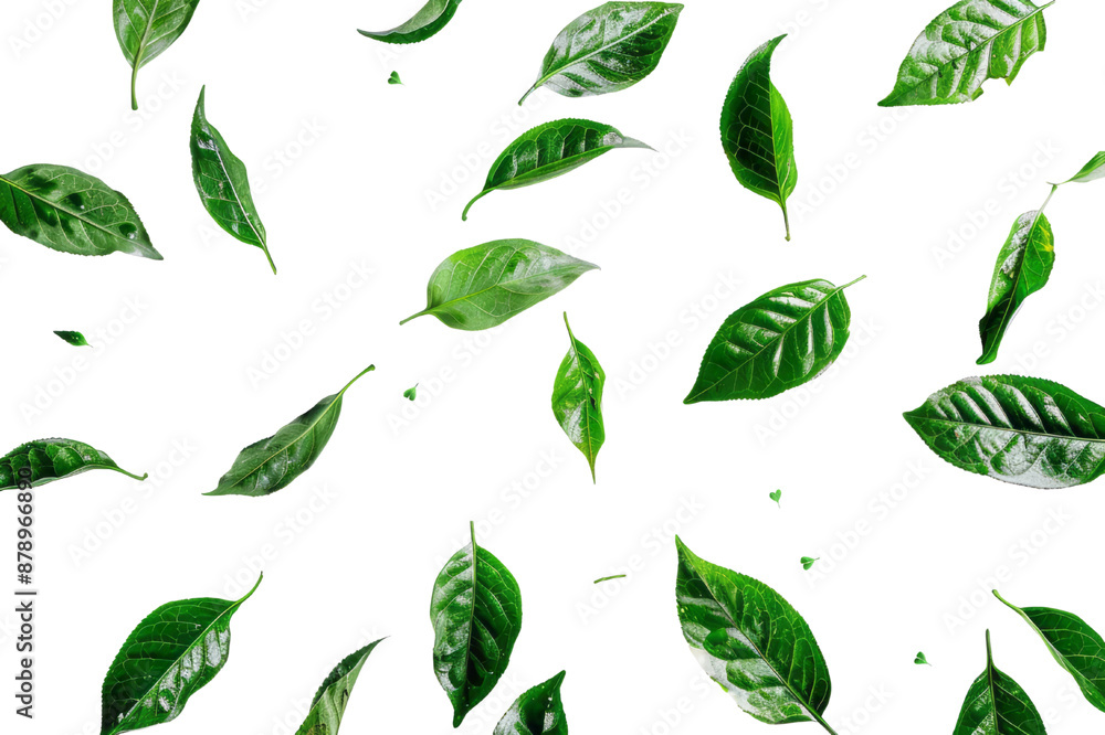 Tea leaves floating in the air against a pure transparent background in a minimalist style. Tea leaves floating in the air against a pure transparent background in a minimalist style.