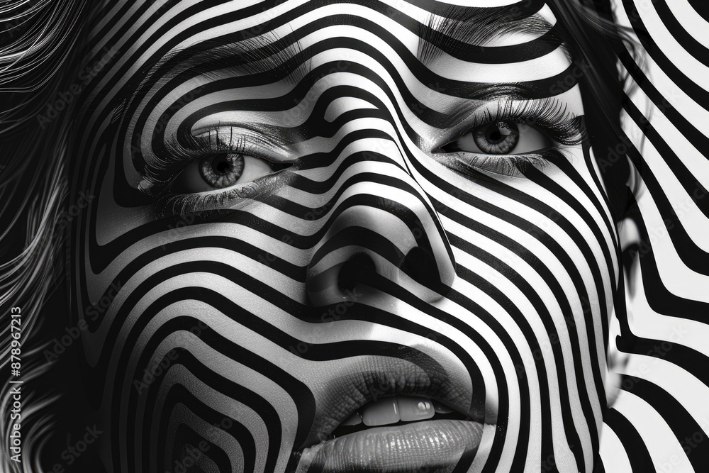 A close-up of a woman's face painted with zebra lines A close-up of a woman's face painted with zebra lines
