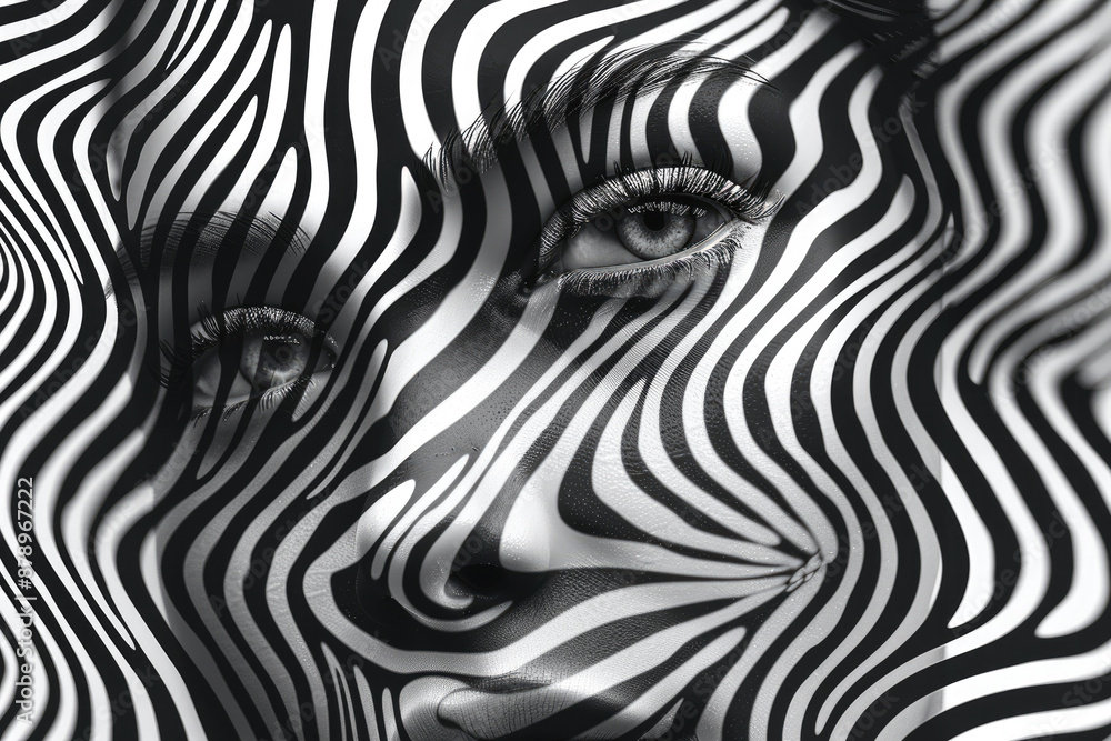 A close-up of a woman's face painted with zebra lines A close-up of a woman's face painted with zebra lines