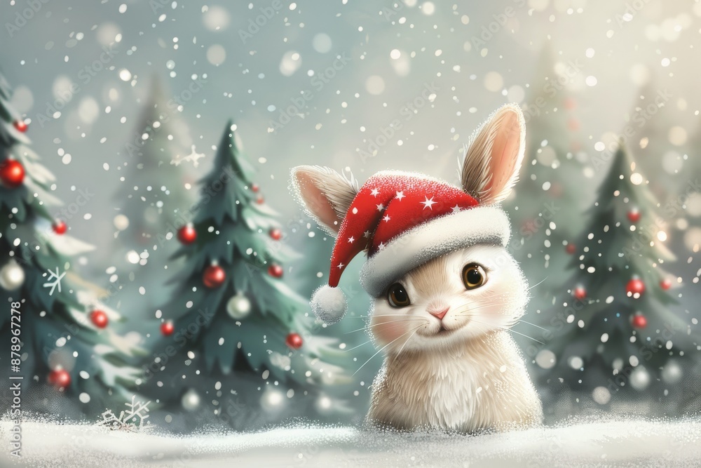 An adorable cartoon rabbit wearing a Santa hat, surrounded by snowy cartoon trees An adorable cartoon rabbit wearing a Santa hat, surrounded by snowy cartoon trees