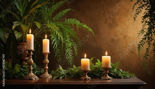 Candles and Greenery on Wooden Table.