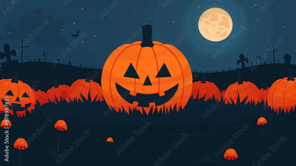Spooky Halloween night with glowing Jack-o'-lanterns in a pumpkin patch ...