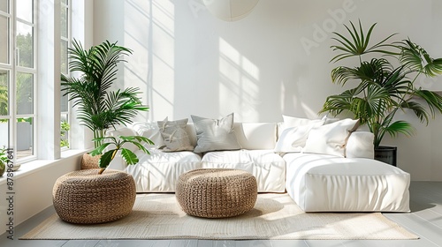 Minimalist Living Room with White Sofa and Plants © Kharismafajar
