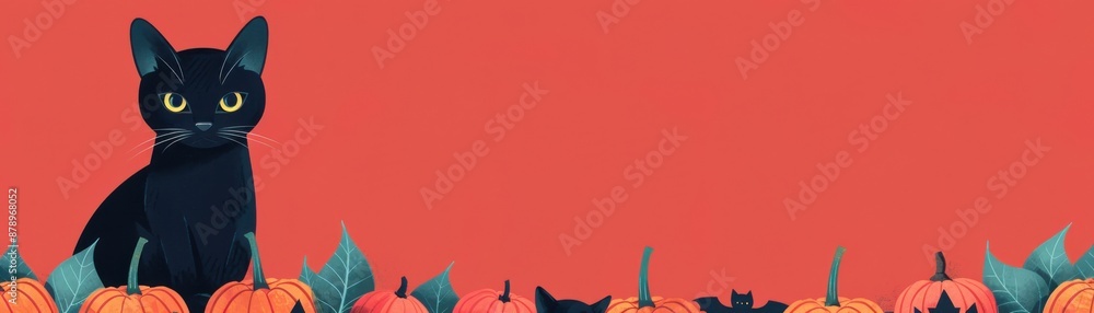 Fototapeta premium Black cat with pumpkins on red background, perfect for Halloween-themed designs or autumn decorations.