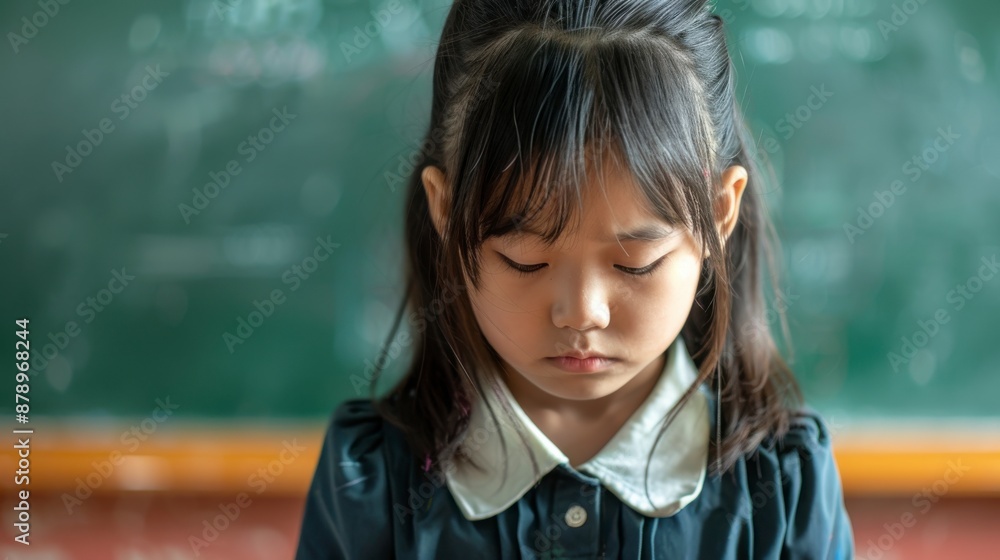 A young girl in a classroom with a green chalkboard in the background A young girl in a classroom with a green chalkboard in the background