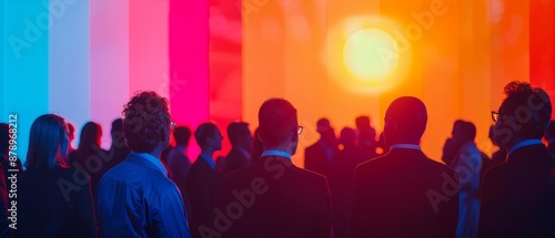 Silhouettes of people standing in front of a colorful background with a bright light source in the distance