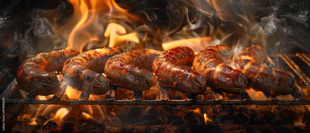 Sausages on the grill with flames in the background. Sausages on the grill with flames in the background.