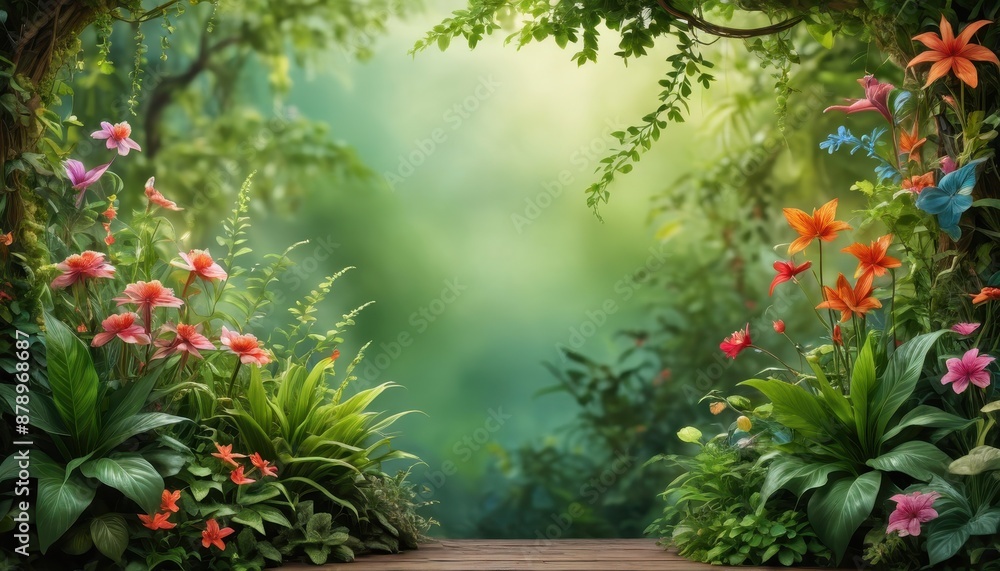 Fototapeta premium Jungle Floral Frame with Wooden Plank