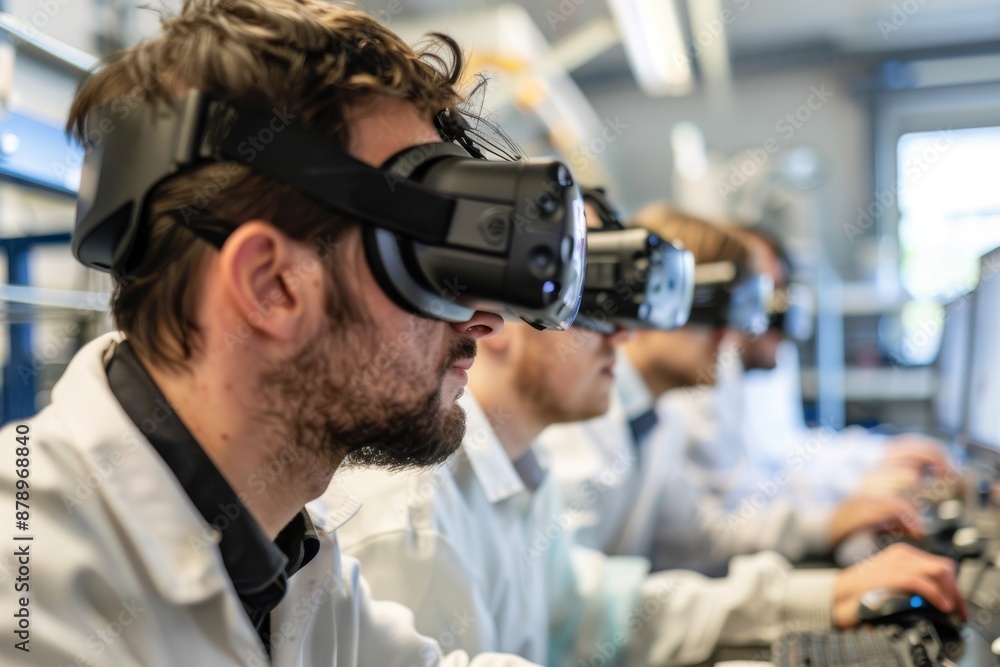 Three Men Wearing Virtual Reality Headsets at Work Three Men Wearing Virtual Reality Headsets at Work