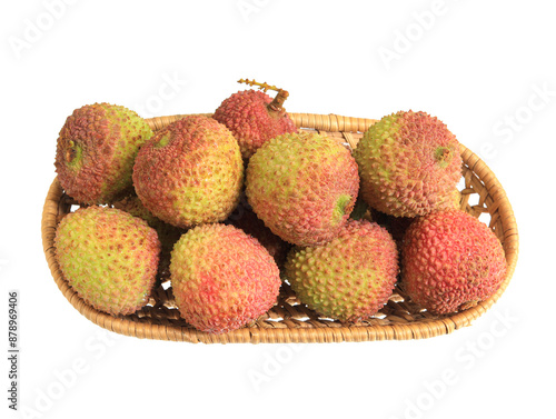 A basket of summer fruit lychees on a white background
