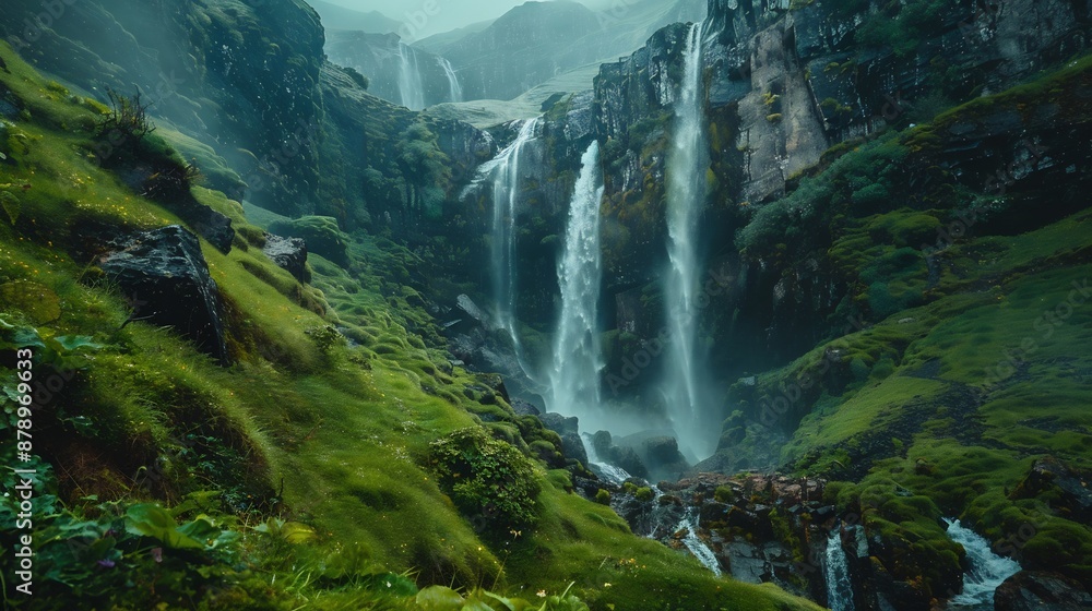 Waterfall Cascading Through Misty Mountain Valley Waterfall Cascading Through Misty Mountain Valley