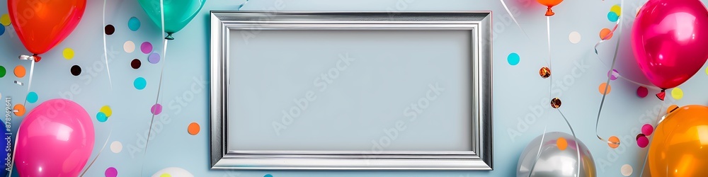 A silver frame surrounded by colorful balloons and confetti on a light blue background, perfect for text or decoration. A silver frame surrounded by colorful balloons and confetti on a light blue background, perfect for text or decoration.