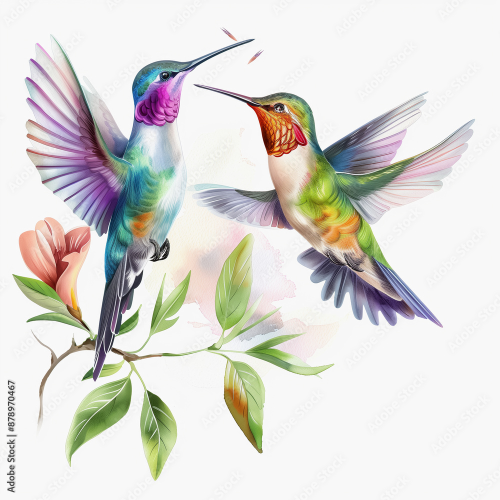 Obraz premium Vibrant Watercolor Painting of Two Hummingbirds in Flight with Colorful Swirls