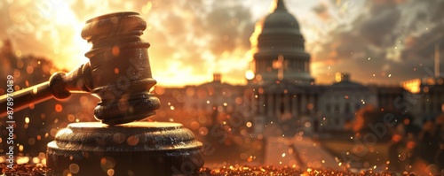 Illustrate the discussions with a gavel symbol close up, realistic, Overlay against a Capitol Hill backdrop
