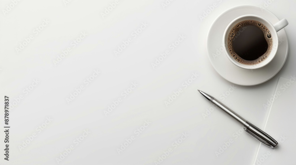 Top view of a white office desk with coffee cup and pen flat lay Top view of a white office desk with coffee cup and pen flat lay