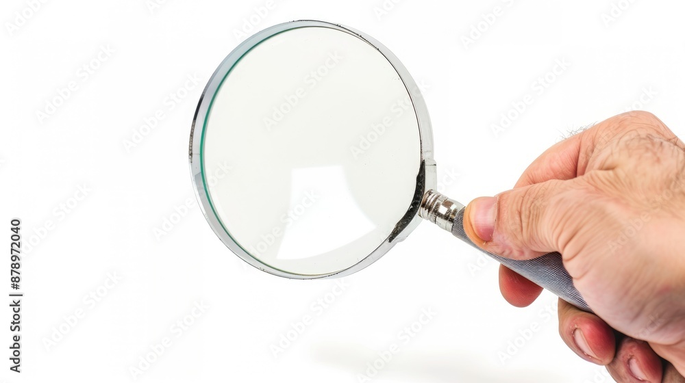 Hand holding magnifying glass on white background with clipping path Hand holding magnifying glass on white background with clipping path