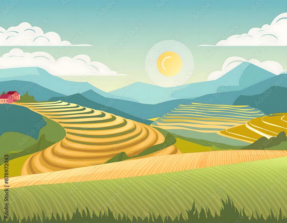 Obraz premium 夏日蓝天白云下的梯田卡通插画