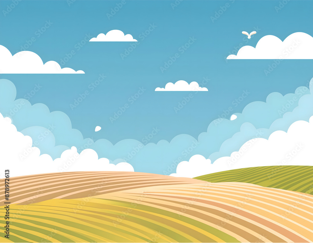 Obraz premium 夏日的蓝天白云草地卡通插画