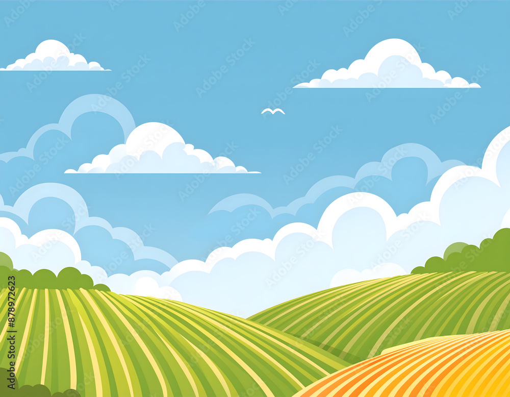 Obraz premium 夏日的蓝天白云草地卡通插画