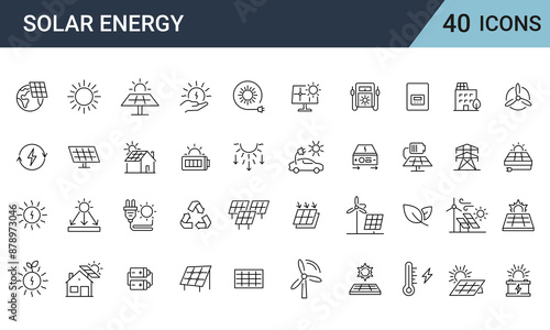 Solar Energy Line Editable Icons set. Solar panel, green energy, battery, renewable energy, energy-saving, electric, collection. Vector illustration.