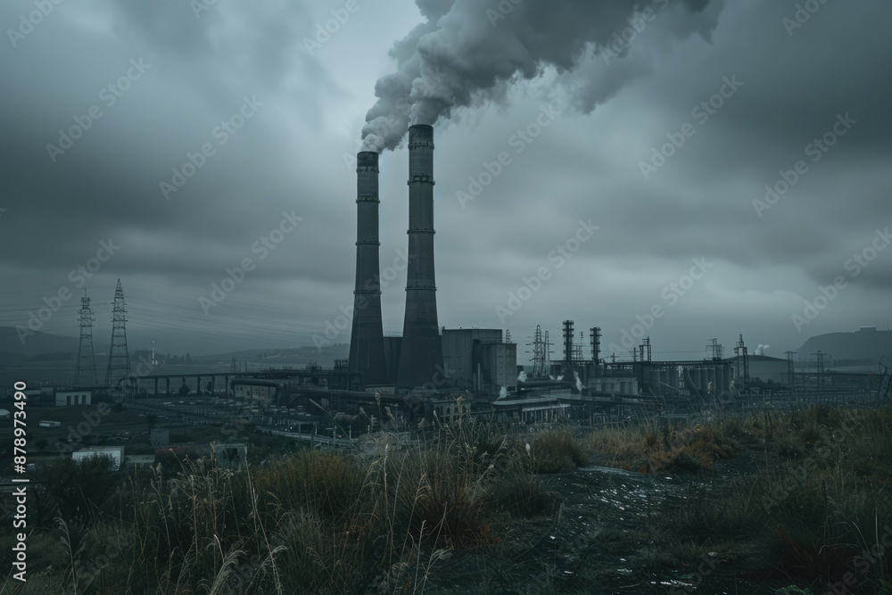 Bird's-eye view of the chimney of the power plant emitting thick smoke Bird's-eye view of the chimney of the power plant emitting thick smoke