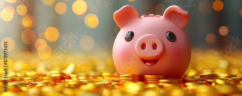 A cheerful pink piggy bank sits on a pile of golden coins, symbolizing savings and financial success in a sparkling background.