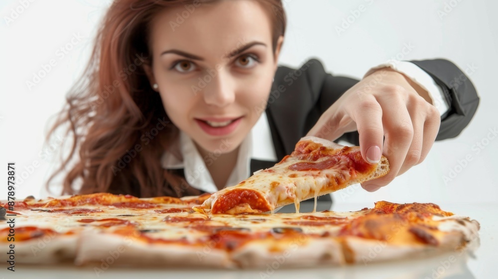 A hungry businesswoman reaching for a slice of pizza on white background A hungry businesswoman reaching for a slice of pizza on white background