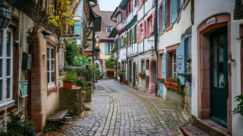 Fototapeta premium A narrow cobblestone street in a historic European town, flanked by charming old buildings and quaint shops.