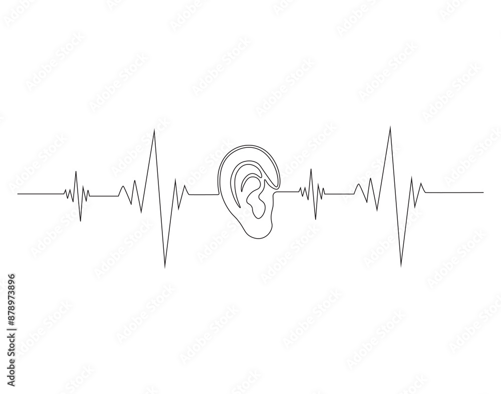 Continuous one line drawing of human ear with sound waves. One line drawing illustration of human ear. Parts of body concept one line. Editable outline. Continuous one line drawing of human ear with sound waves. One line drawing illustration of human ear. Parts of body concept one line. Editable outline.