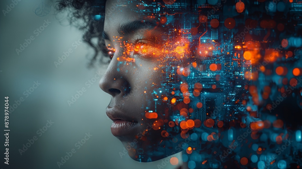 Photo of AI technology concept with businesswoman portrait. Profile of a Woman's Face Merged with Digital Data Visualization Photo of AI technology concept with businesswoman portrait. Profile of a Woman's Face Merged with Digital Data Visualization
